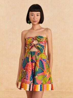 NWT Farm Rio Graphic Macaws Cotton Mini Dress In Coral